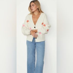 NEVER FULLY DRESSED CREAM CARDIGAN WITH EMBROIDERED PALM NWOT